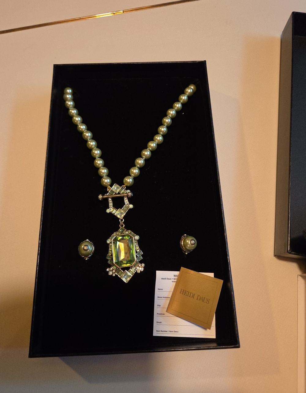 Heidi Daus Lime Green Pearl Necklace with Crystal Pendant and Studs